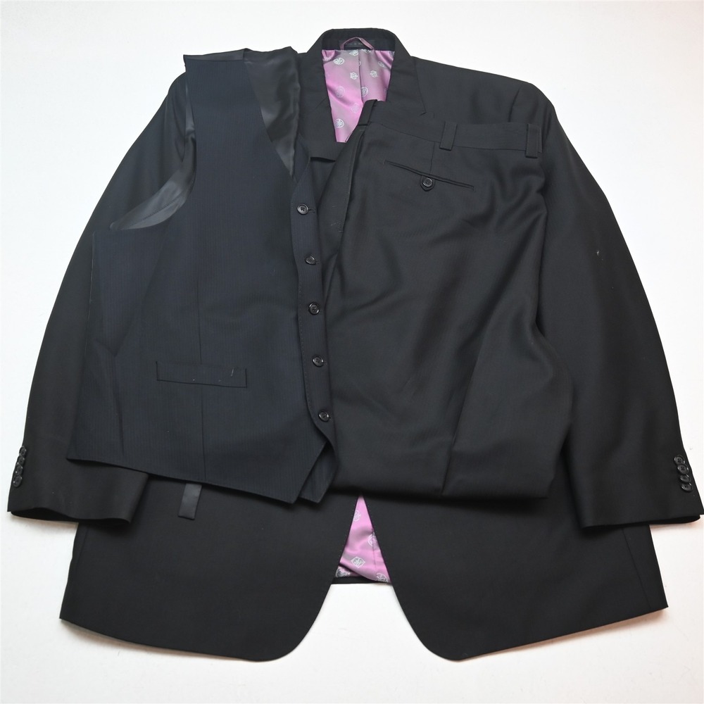 Sean John 48L 42x32 Black Herringbone 3 Piece Vest Mens‎ Jacket Pants Suit